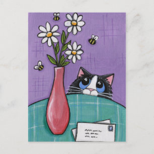 3 abejas, 3 flores, 2 letras - postal del gato