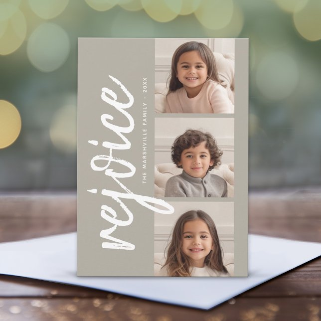 3 Collage de Fotos Minimal Rejoice Feliz Navidad (3 Photo Christmas Card with Minimal Design - Bold Chevrons Neutral - Print or Instant Download)