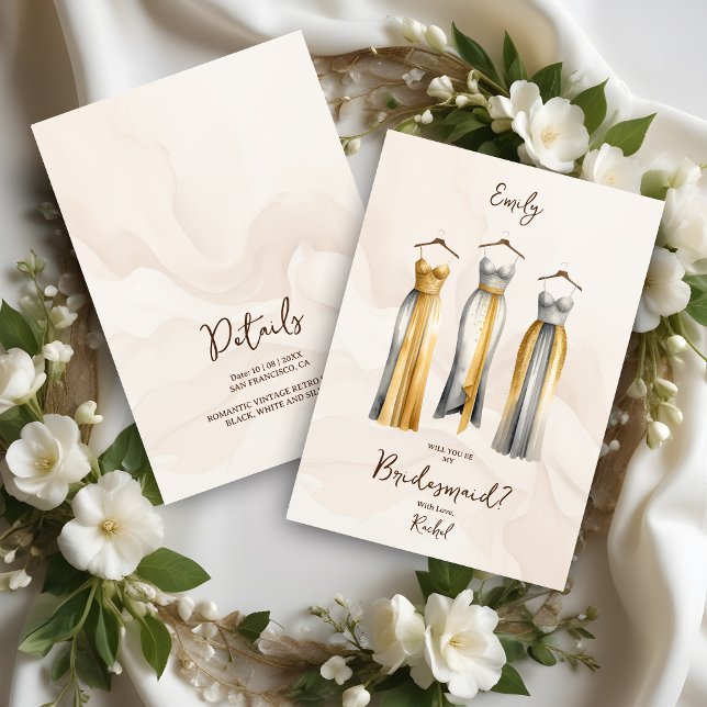 3 Exquisite Bridesmaid Dresses Watercolor Ask (Glam 3 Exquisite Bridesmaid in Faux Gold & Faux Silver Effect Dresses Watercolor Effect Proposal Car)