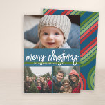 3 Foto Feliz Navidad - franjas retro azul verde<br><div class="desc">Un alegre y luminoso saludo de vacaciones con un moderno saludo caligráfico. Un ambiente moderno de mediados de siglo con estriberas retro en la parte trasera. Este diseño no tradicional es un enfoque fresco que hará destacarse a las fotos familiares.</div>