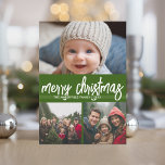 3 Foto Feliz Navidad - franjas retro rojas verdes<br><div class="desc">Un alegre y luminoso saludo de vacaciones con un moderno saludo caligráfico. Un ambiente moderno de mediados de siglo con estriberas retro en la parte trasera. Este diseño no tradicional es un enfoque fresco que hará destacarse a las fotos familiares.</div>