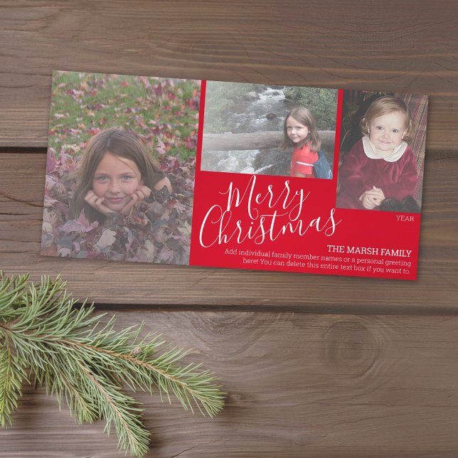 3 Foto: Feliz Navidad simplemente rojo (Add 3 photos to this classic photo card that can be printed or sent out to friends and family.)