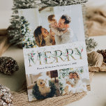 3 Foto Oro y Verdor Berries Feliz Navidad<br><div class="desc">Elegante tarjeta de vacaciones de 3 fotos con un aspecto limpio y moderno,  con gráficos dorados y verdes,  con un patrón dorado botánico de invierno.</div>