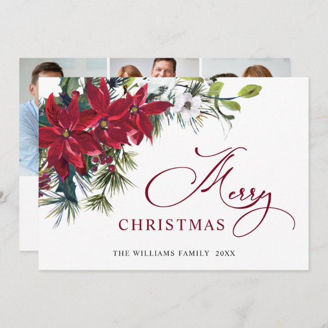 3 FOTO Saludo de Navidad elegante poinsettia (Anverso / Reverso)