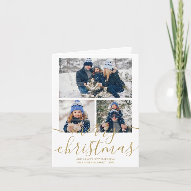 3 Foto Tarjeta de Navidad en letra script dorada (Anverso)