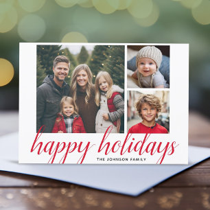 3 Foto Tarjeta de Navidad Script Rojo Damask Feliz