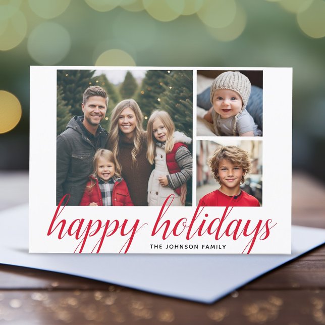 3 Foto Tarjeta de Navidad Script Rojo Damask Feliz (3 Photo modern Christmas Card)