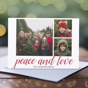 3 Foto Tarjeta de Navidad Script Rojo Damask  Paz 