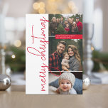 3 Fotografía moderna caligrafía roja Feliz Navidad<br><div class="desc">Un diseño minimalista que incluye 3 fotos con una caligrafía moderna y delgada y un gran saludo de vacaciones. La parte posterior incluye un patrón de hueso de arenque.</div>