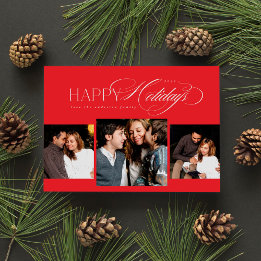 3 fotos Happy Holidays Script Red Navidad Card