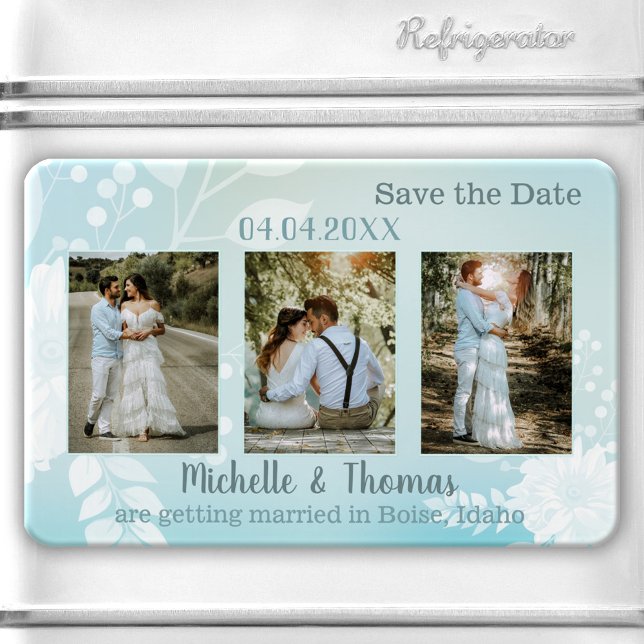 3 Fotos Imán de Fecha de Guardado Turquesa Pastel (Save the Date magnet featuring 3 of your own photos framed by a pastel teal turquoise floral design.)