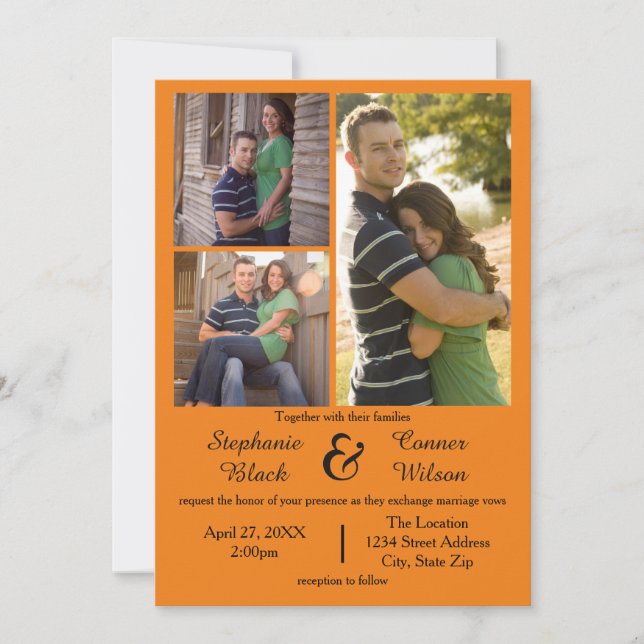 3 Fotos Naranja - Invitación de Boda (Anverso)