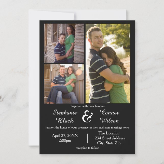 3 Fotos Negro - Invitación de Boda (Anverso)