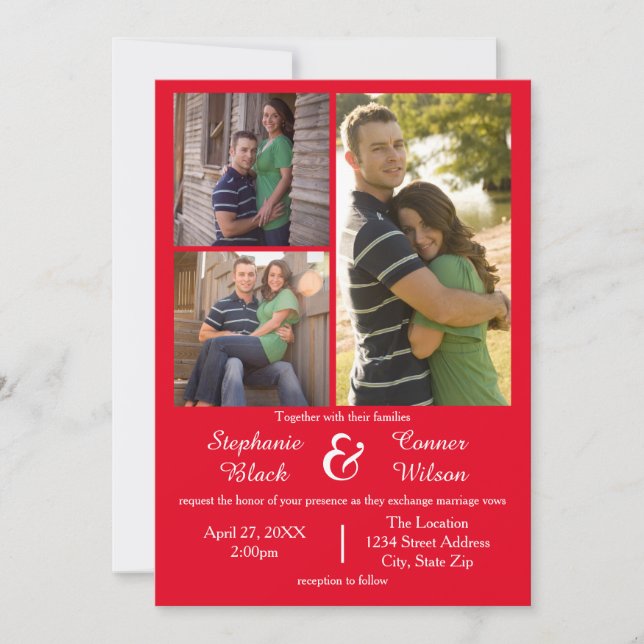 3 Fotos Rojo - Invitación de Boda (Anverso)