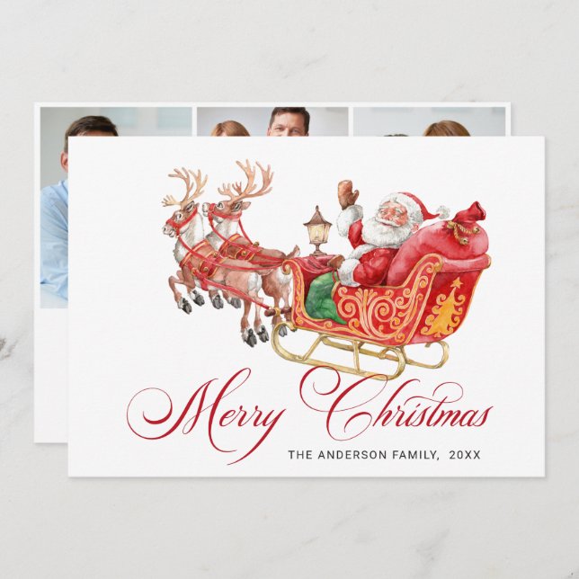 3 FOTOS Trineo de Santa Festivo Tarjeta de Navidad (Anverso / Reverso)