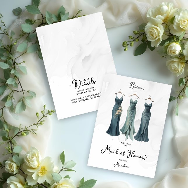 3 Glam Dusty Bridesmaid Vestidos de color agua sol (3 Glam Dusty Bridesmaid Dresses Watercolor Request Cards.)
