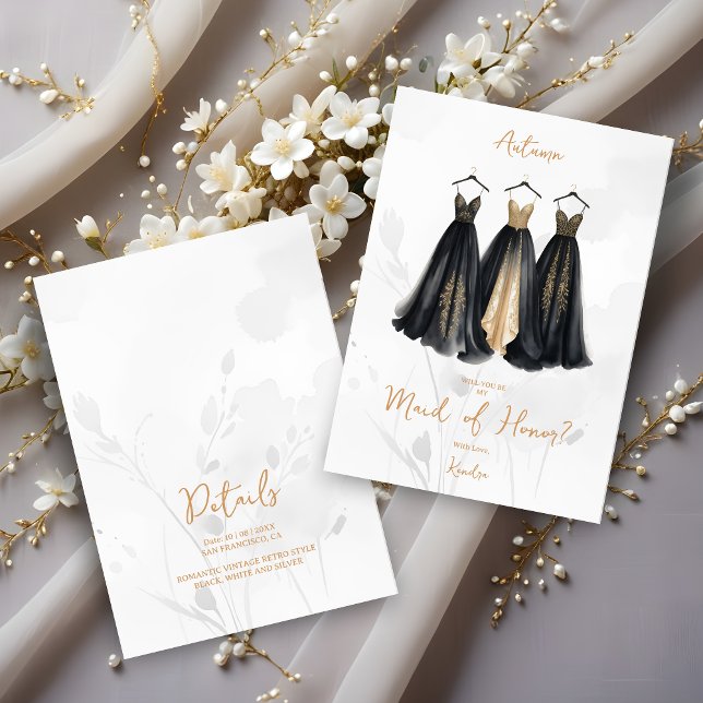 3 Glam Maid of Honor Dresses Watercolor Ask (The Glam 3 Chic Black and Faux GoldTones Maid of Honor & Bridesmaid Dresses Watercolor Proposal Card)