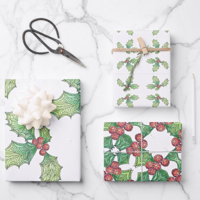 3 hojas de papel de regalo Holly Jolly (Anverso)