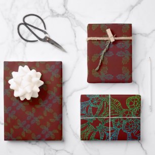 3 hojas envolver papel de regalo Holly Sketch