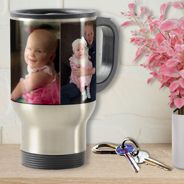 3 imágenes de tazas de viaje personalizadas o mug  (Photo Travel Mug with Handle. Thermo-temp stainless steel photo travel mug. Gift for Gramma. Bulk)