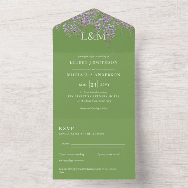 3 in1 Wisteria Floral Boda Verde Invitación RSVP (Interior)