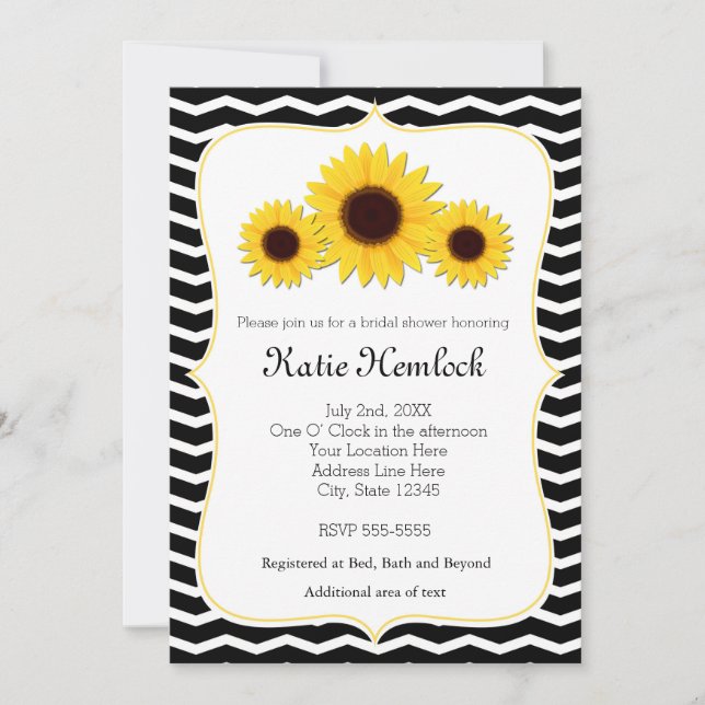 3 Invitación a Chevron blanco y negro de girasoles (Anverso)