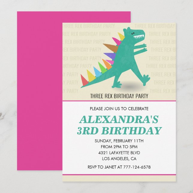 3 invitaciones rex niña 3 años tercera dino (Anverso / Reverso)