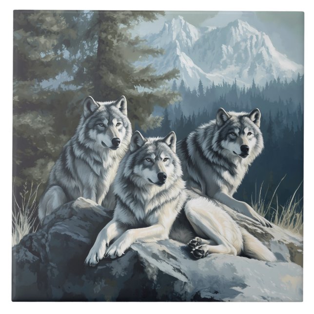 3 Lobos Relaxándose Baldosa o Salvamanteles (Frente)