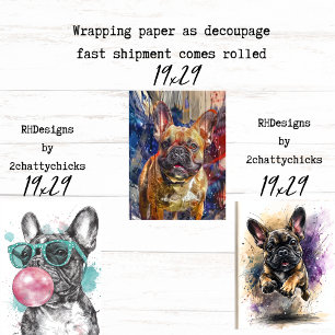 3 Papel de Regalo Trio de Bulldog Francés Decoupag