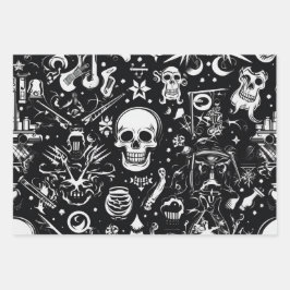 3 pc. Papel de envolvimiento de cráneo negro y bla