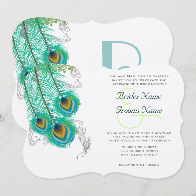 3 Plumas de Pavo Real Invitación de Boda (Anverso / Reverso)