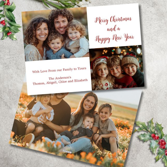 3 Tarjeta de vacaciones para tres Navidades de la  (Three 3 Photo Christmas Holiday Card. Personalize it with your message and names)
