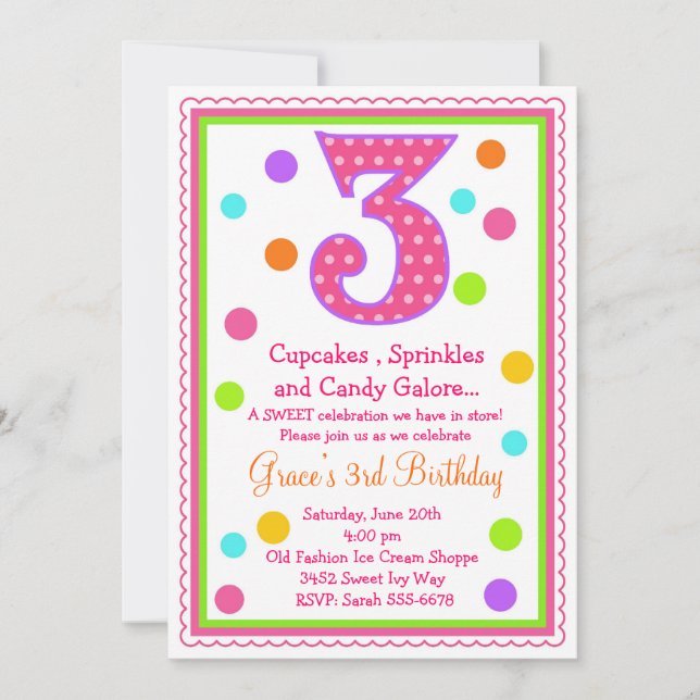 3ro invitación del cumpleaños de la sorpresa dulce (Anverso)