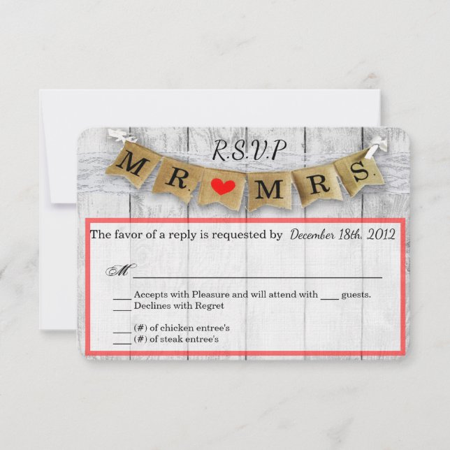 3x5 R.S.V.P. Tarjeta de respuesta Burlap Mr. y Mrs (Anverso)