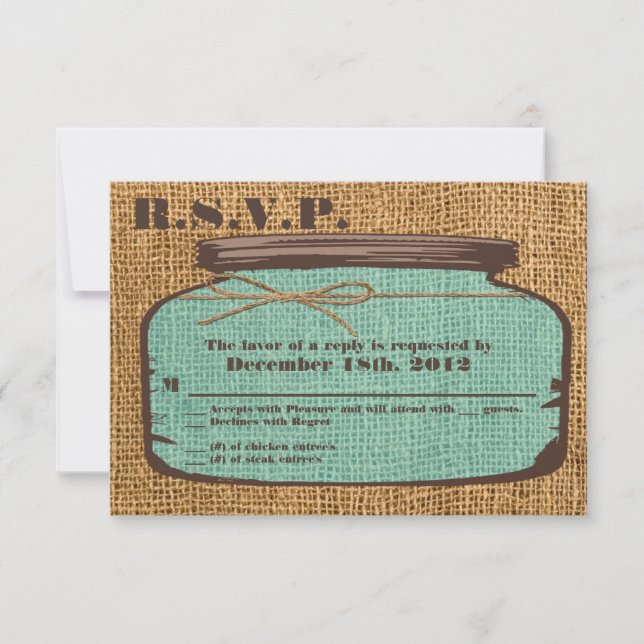 3x5 R.S.V.P Tarjeta de respuesta Mason Jar Burlap  (Anverso)