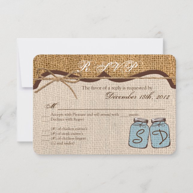 3x5 R.S.V.P Tarjeta de respuesta Mason Jar Burlap  (Anverso)
