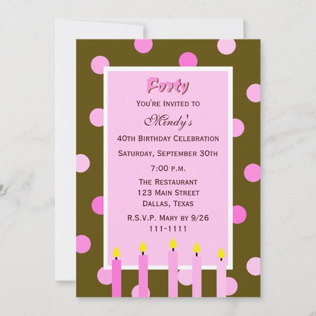 40.ª invitación a fiesta de cumpleaños puntos rosa (Anverso)