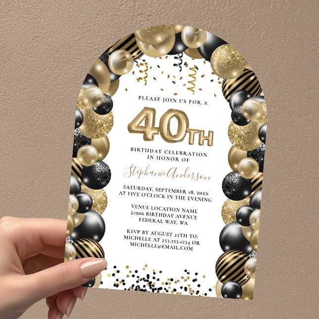 40.ª Invitación a la espuma negra de oro en globo  (40th Birthday Balloon Gold Black Sparkle Invitatio Invitation)
