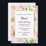 40.ª invitación a la fiesta de cumpleaños flores r<br><div class="desc">Una elegante carta de invitación de verano intemporal y con temática de jardín para la 40 cumpleaños. Bohemio y estilo boho. Con románticos pasteles suaves y flores de color acuático en tonos rosa y melocotón y hojas verdes. Fondo blanco para el texto. Una moda imita el marco de oro. Plantillas...</div>