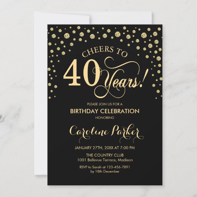 40.ª invitación a la fiesta de cumpleaños - Negro  (Anverso)