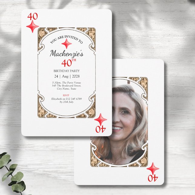 40.ª Invitación a la tarjeta de juego de diamantes (40th birthday party invitation with an art deco style design on a grey wood background.)