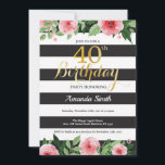 40.ª Invitación a mujeres. Dorado floral negro<br><div class="desc">40.ª invitación a las mujeres por el cumpleaños. Invitación a la fiesta de cumpleaños de oro y negro. Brillantina dorada. Flor floral color agua rosada. Rayas blancas y negras. Digital Imprimible. Para una mayor personalización, haga clic en el botón "Personalizar" y utilice nuestra herramienta de diseño para modificar esta plantilla....</div>