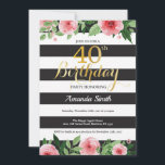 40.ª Invitación a mujeres. Dorado floral negro<br><div class="desc">40.ª invitación a las mujeres por el cumpleaños. Invitación a la fiesta de cumpleaños de oro y negro. Brillantina dorada. Flor floral color agua rosada. Rayas blancas y negras. Digital Imprimible. Para una mayor personalización, haga clic en el botón "Personalizar" y utilice nuestra herramienta de diseño para modificar esta plantilla....</div>