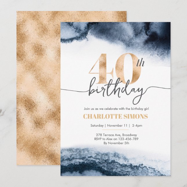 40.ª invitación de cumpleaños acuarela marina y or (Anverso / Reverso)