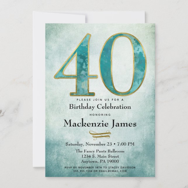 40.ª invitación de cumpleaños Adulto de oro azul t (Anverso)