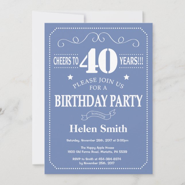 40.ª invitación de cumpleaños azul y blanco (Anverso)