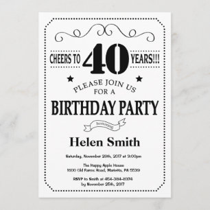40.ª invitación de cumpleaños blanco y negro