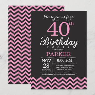 40.ª invitación de cumpleaños Chevron negro y rosa