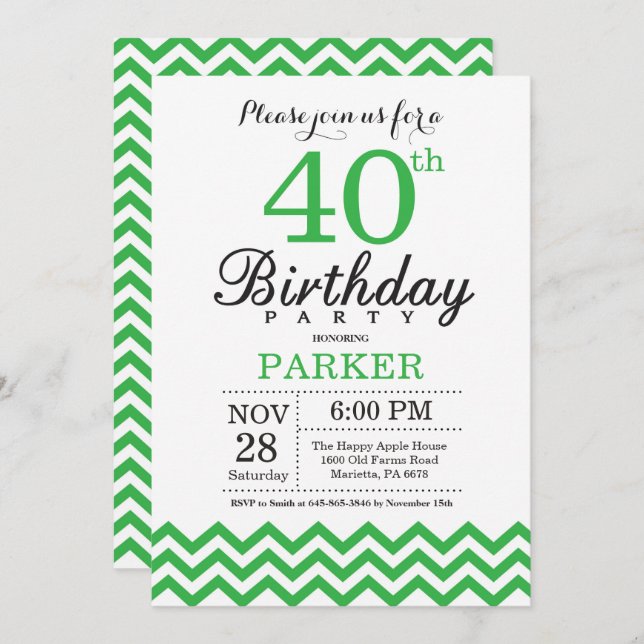 40.ª invitación de cumpleaños Chevron verde (Anverso / Reverso)
