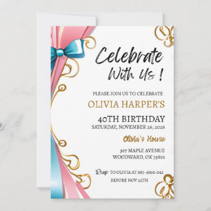 40.ª invitación de cumpleaños con cintas rosadas y